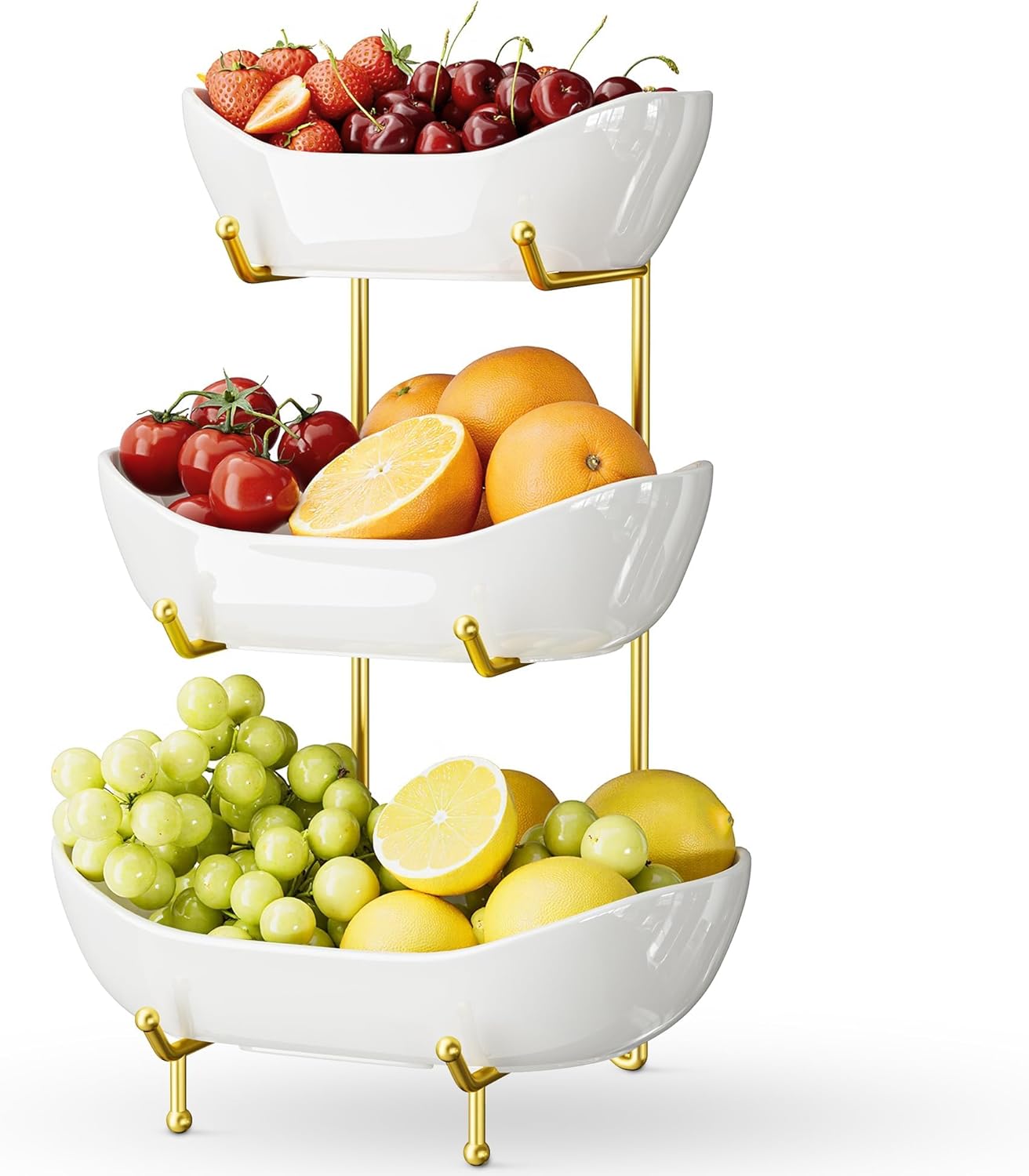 3 Tier Ceramic Fruit Bowl with Metal Stand for Kitchen Counter