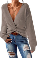 Pink Queen Women's 2025 V Neck Twist Knot Cropped Knit Sweater - Soft