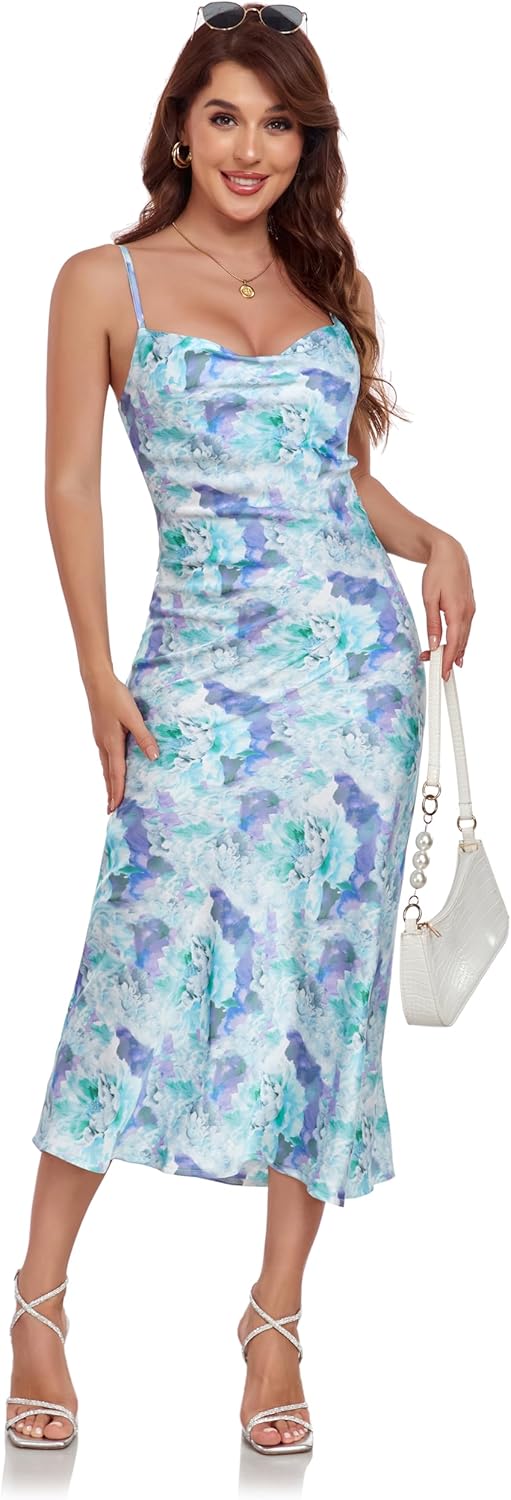 Elegant Women's Spaghetti Strap Midi Satin Silk Dress for Parties
