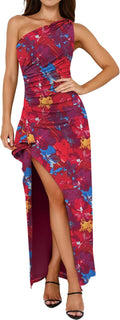One Shoulder Floral Bodycon Maxi Dress - Flattering High Split Fit