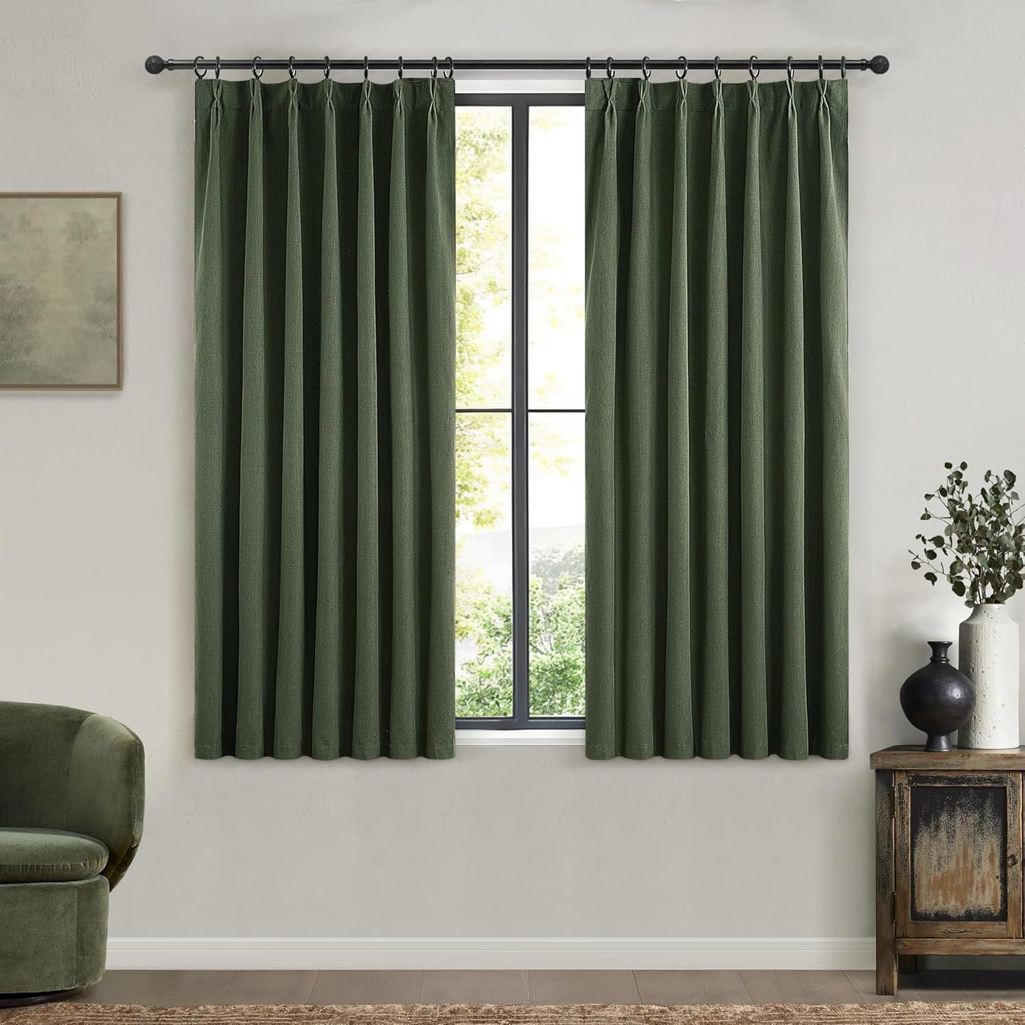 Olive Green Pinch Pleated Cafe Blackout Curtains for Small Windows