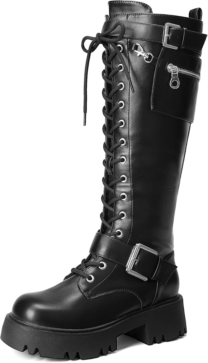 DREAM PAIRS Women's Combat Riding Platform Knee High Boots