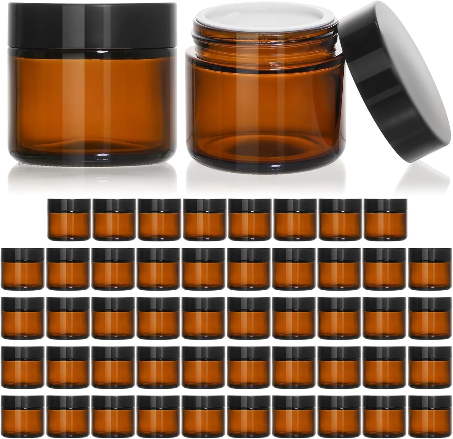 2oz Amber Glass Cosmetic Jars with Black Lids - 48 Pack