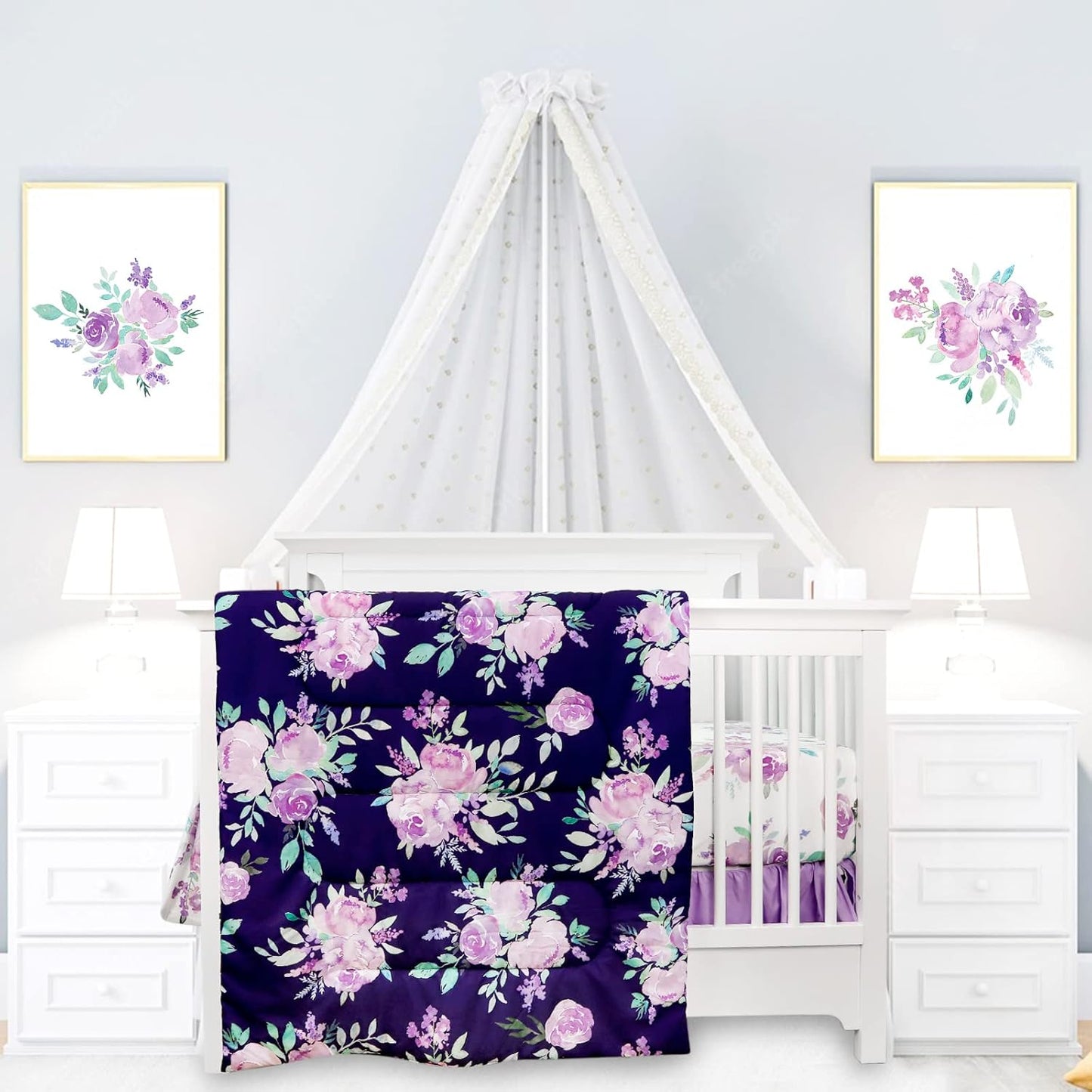 TANOFAR 4 Piece Crib Bedding Set for Girls with Purple Flowers