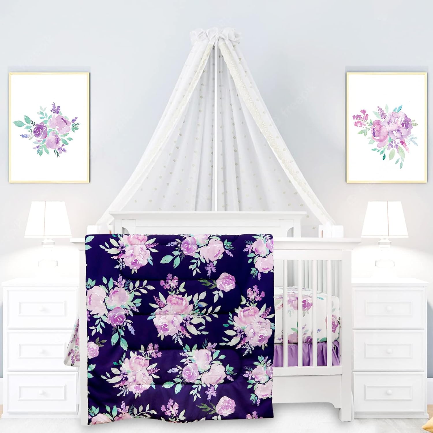 TANOFAR 4 Piece Crib Bedding Set for Girls with Purple Flowers