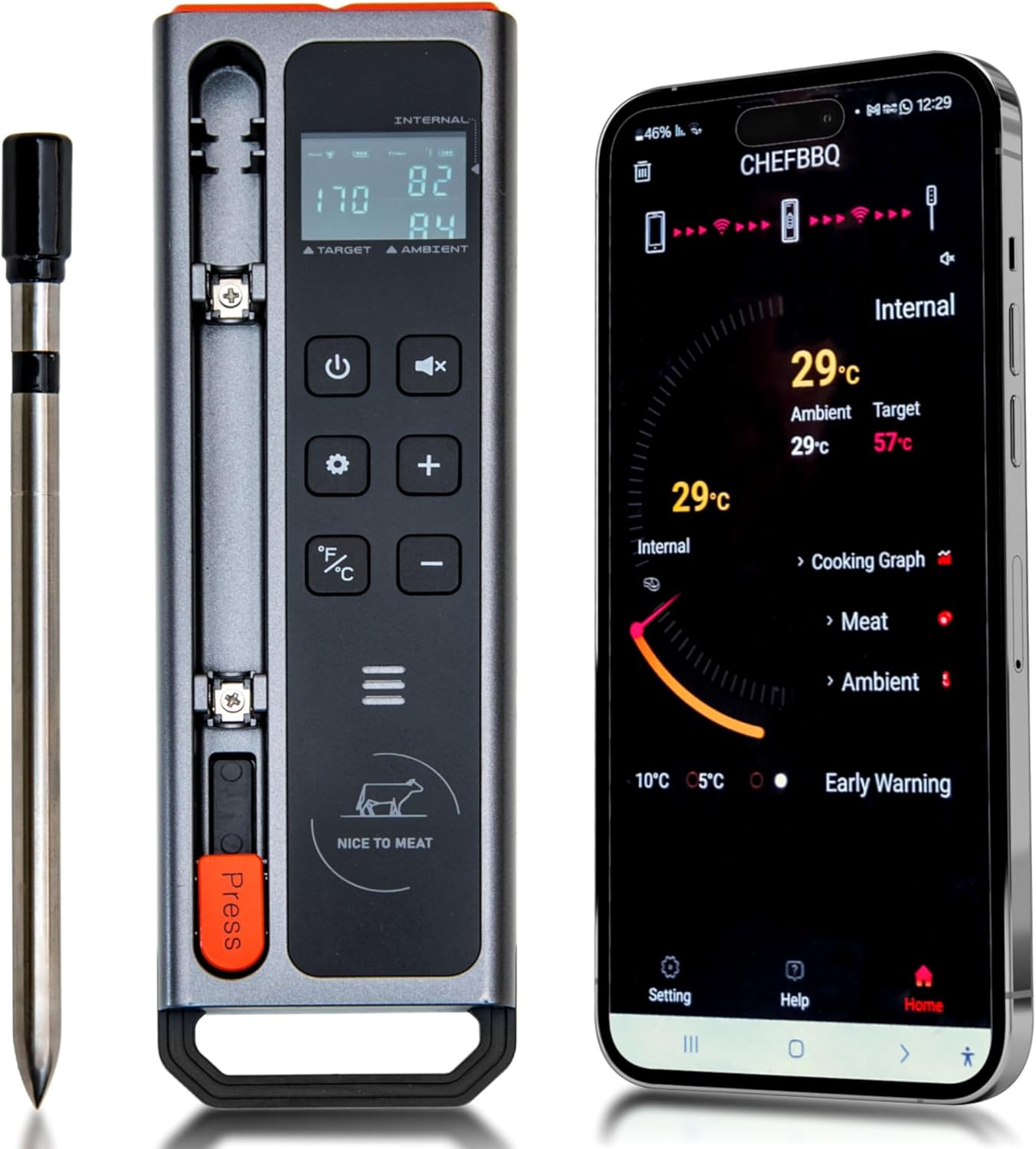 Wireless Meat Thermometer - Bluetooth Connectivity, Long Battery Life - Nice to Meat