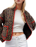 Cropped Puffer Quilted Jacket Vintage Floral Print - Lightweight Warm