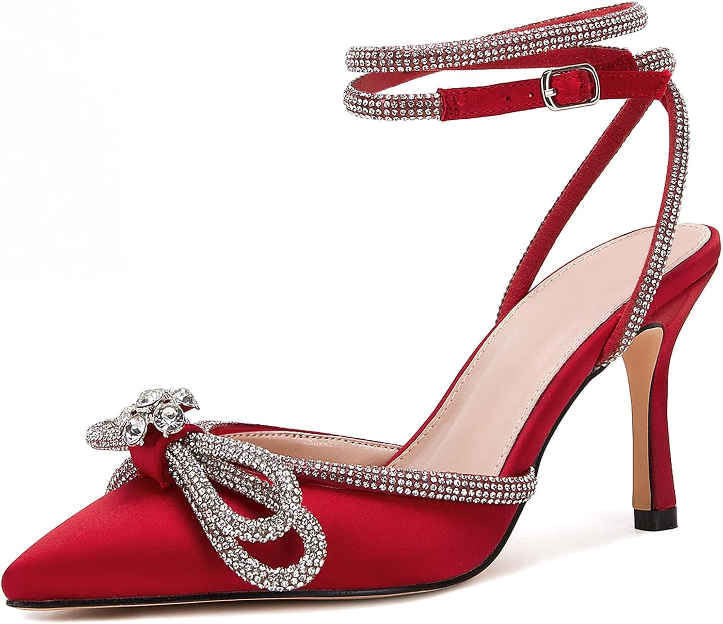 VETASTE Women's Double Bow Pointed Toe Ankle Strap Pumps