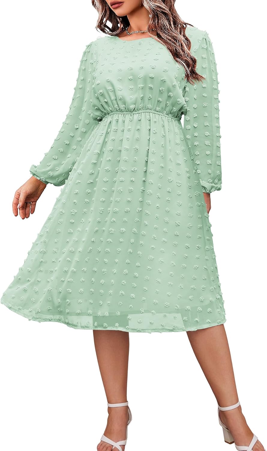 Plus Size Swiss Dot Long Sleeve Chiffon Midi Dress for Women 16W-24W