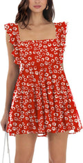 Womens Summer Square Neck Tie Back Ruffle Sleeve Short Mini Dress