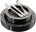 Black Plastic Plates and Silver Cutlery Set - 125PCS Party Pack