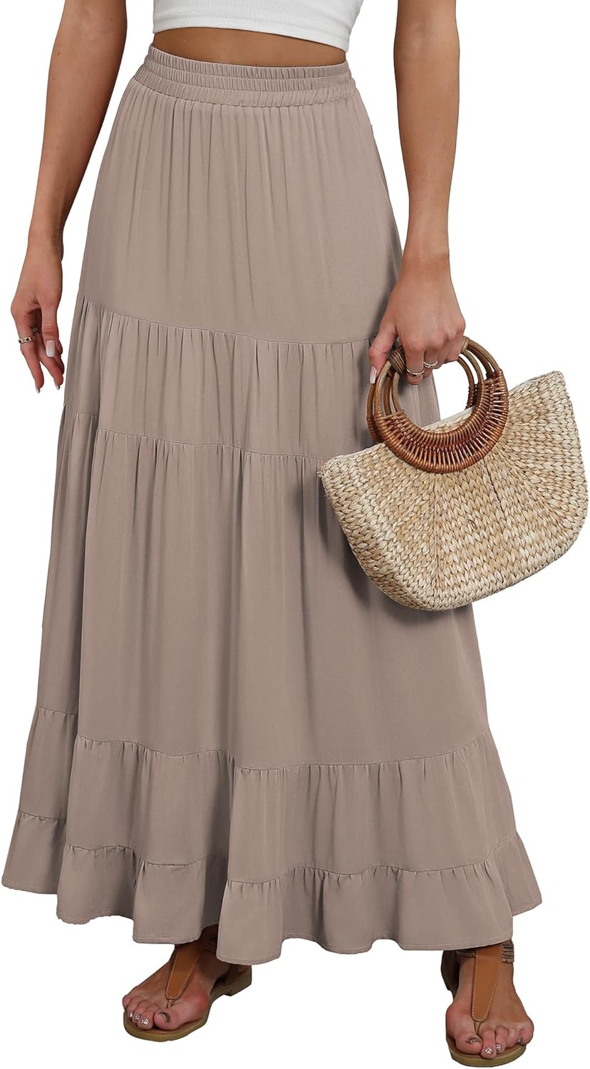 Womens Maxi Skirt Elastic High Waist A-line Flowy Pleated Style