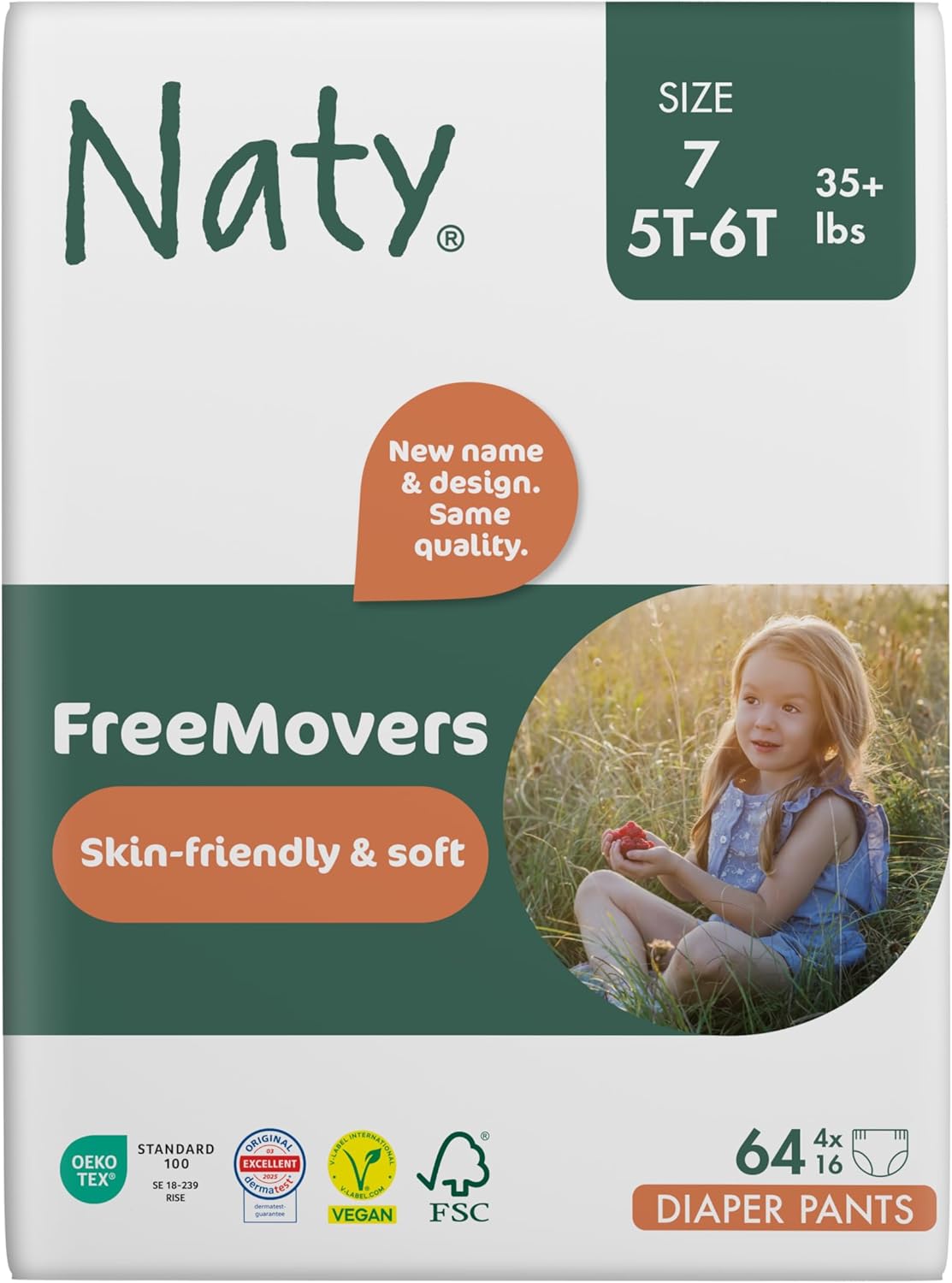 Naty FreeMovers Diaper Pants for Sensitive Skin, Size 7, 64 Count