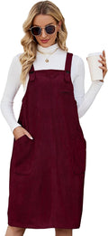 Flygo Corduroy Jumper Overall Pinafore Midi Dress with Pockets comfy