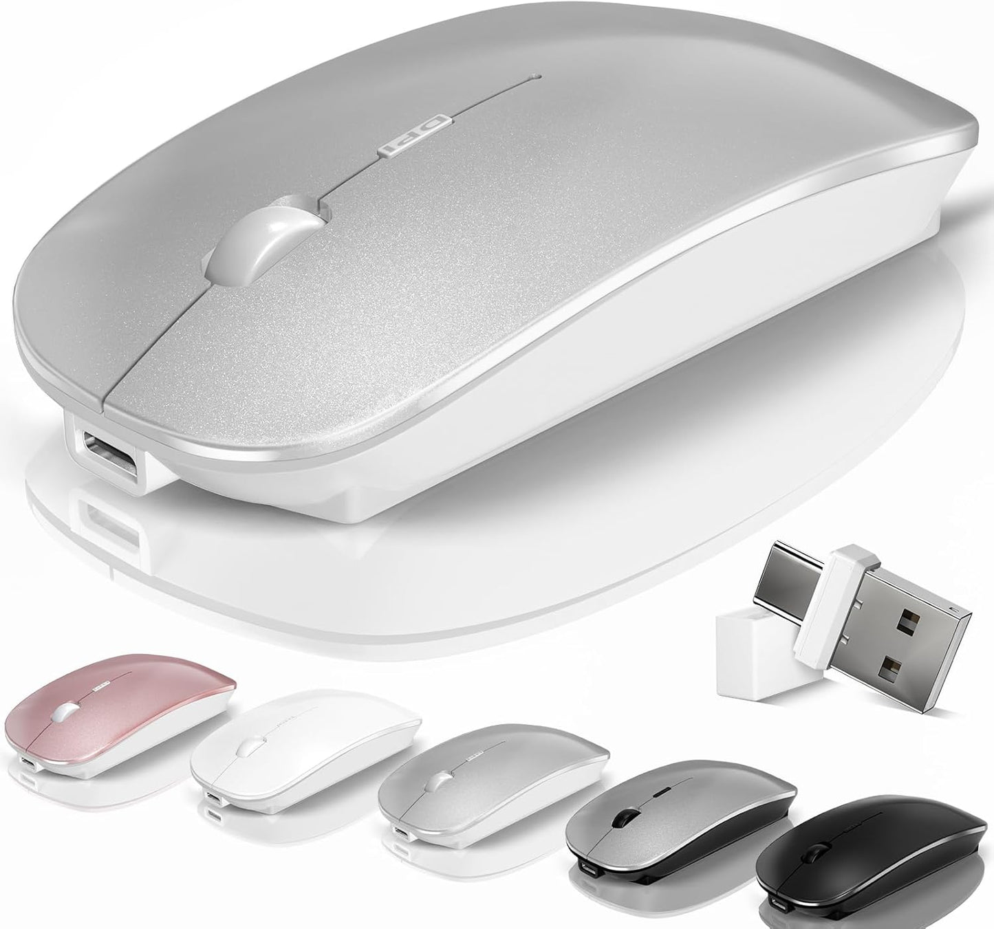 Silvery Bluetooth Mouse: Rechargeable, Silent, Dual Mode ~ Kovess