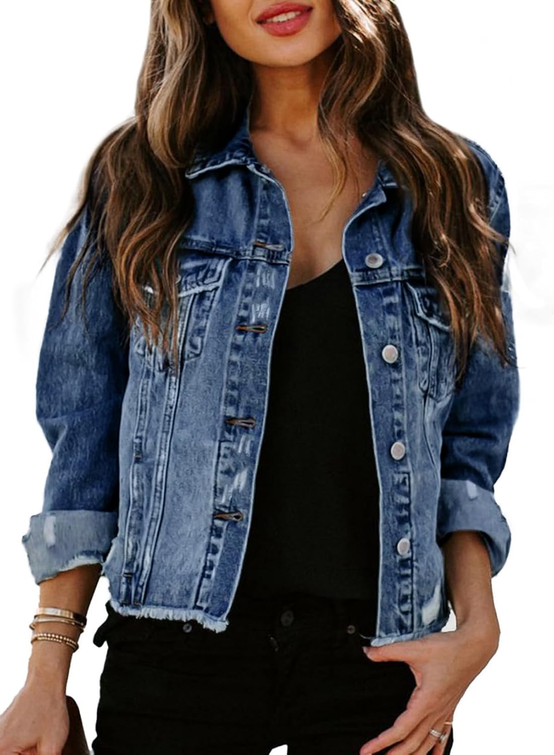 Stylish Women's Denim Jacket with Distressed Ripped Design