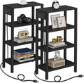 Black Narrow Side Table with Charging Station - Slim End Table