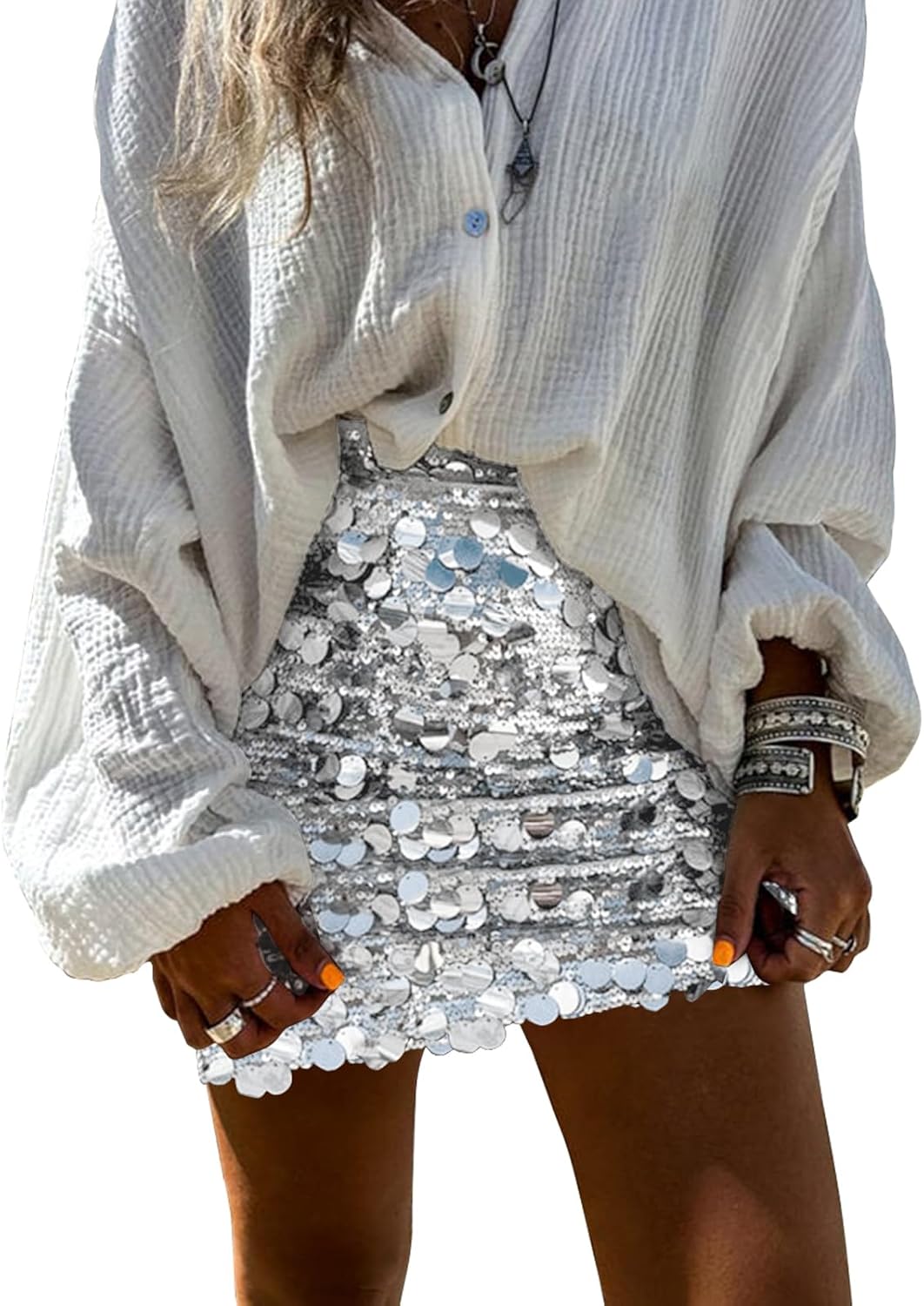 Miduo Womens Sequin Skirt High Waist Stretchy Bodycon Mini