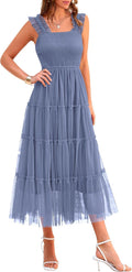 Women's Summer Tulle Midi Dress Sleeveless Smocked Ruffle - Flowy Midi