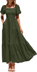 Womens Puff Sleeve Maxi Dress Square Neck - Flowy Summer Sundress