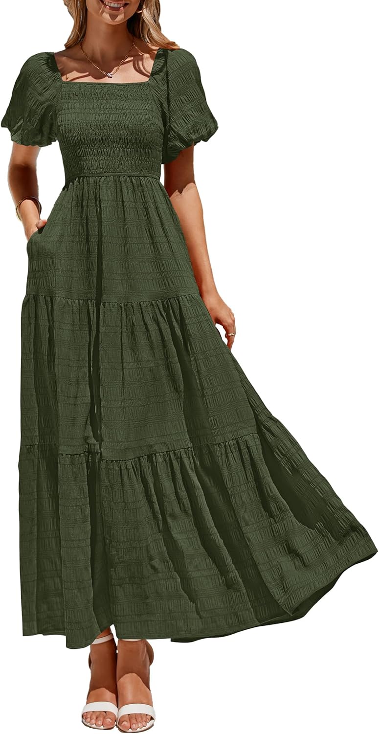 PRETTYGARDEN Womens Summer Puff Sleeve Maxi Dress for Elegance