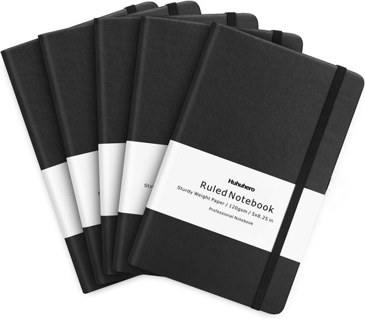 Huhuhero 5-Pack Black Hardcover Notebooks - 120Gsm College Ruled Journals for Efficient Note-Taking