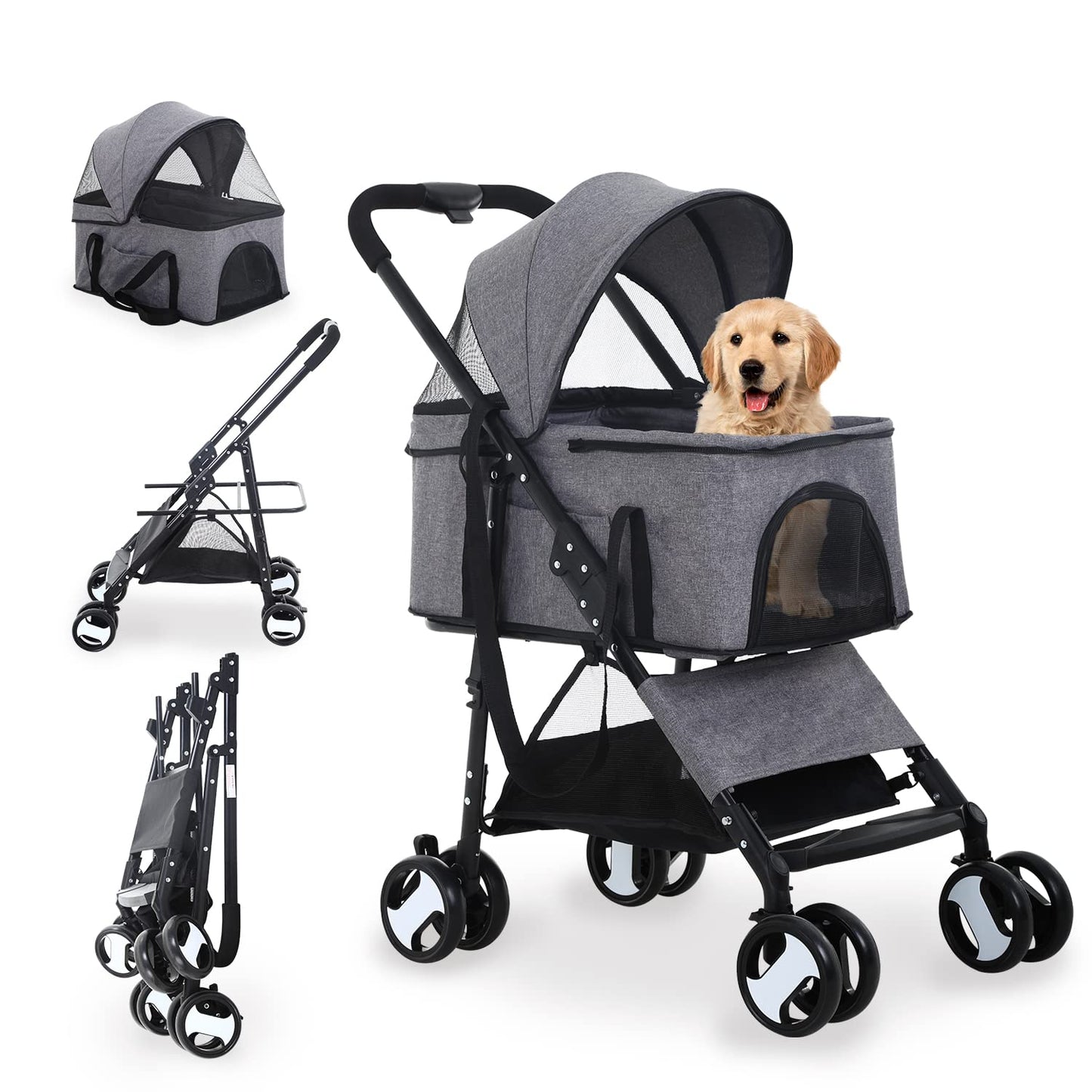 3-in-1 Folding Dog Stroller for Medium Small Dogs and Cats