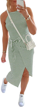 Sleeveless Striped Tie Waist Midi Dress - Flattering Summer Fit
