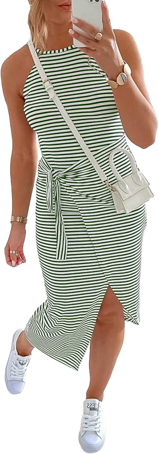 NOLLSOM Women Casual Sleeveless Striped Midi Dress for Summer