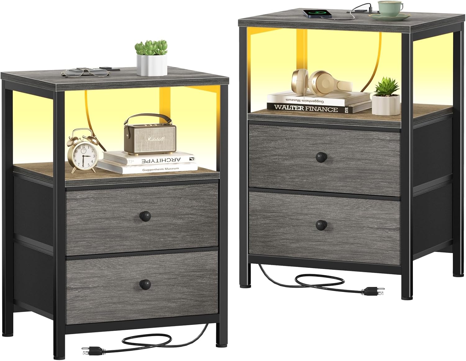 BOLUO Grey Nightstands Set of 2 with Charging Station and LED Light