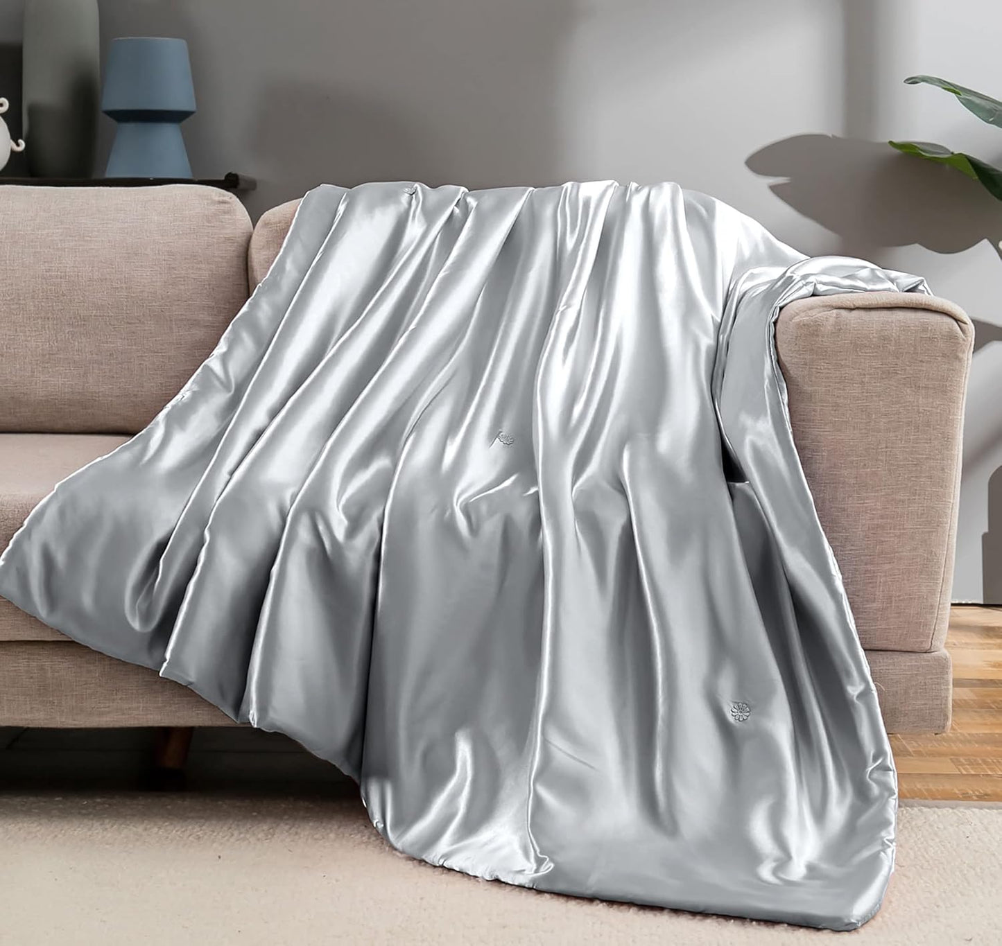 Vonty Satin Throw Blanket Silver Grey for Couch and Bed