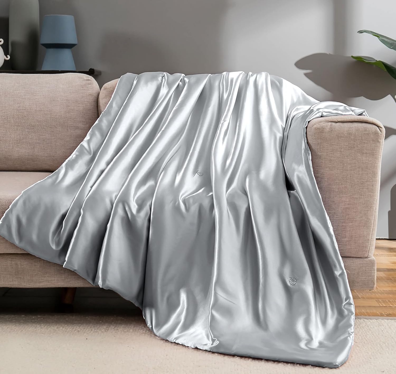 Vonty Satin Throw Blanket Silver Grey for Couch and Bed