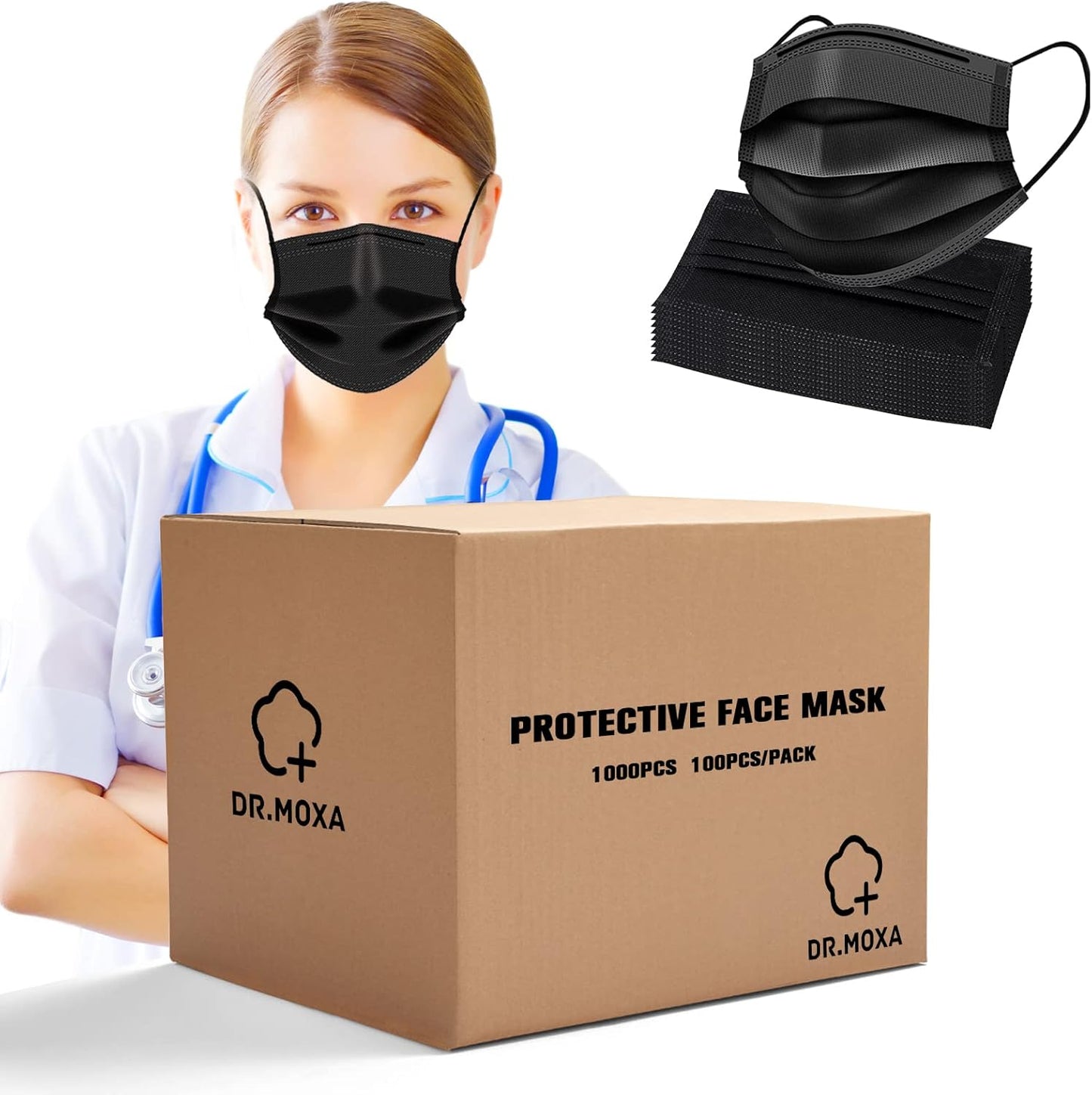 DR.MOXA 1000Pcs Black Disposable Medical Face Masks for Adults