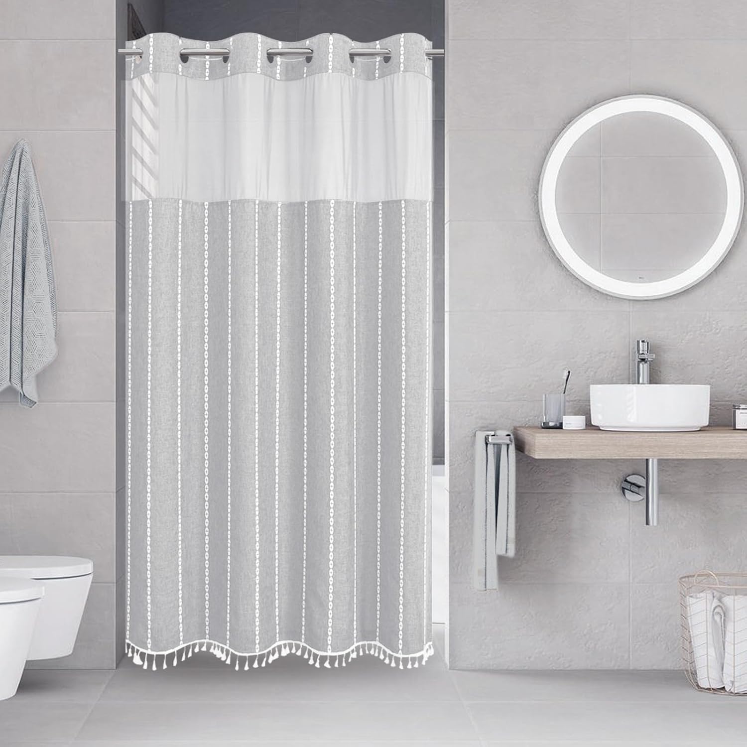 No Hook Stall Shower Curtain with Snap-in Liner for Modern Bath