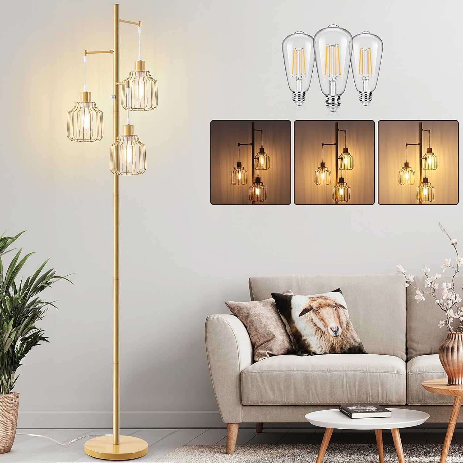 Dimmable Floor Lamp with 3 LED Edison Bulbs for Home Decor