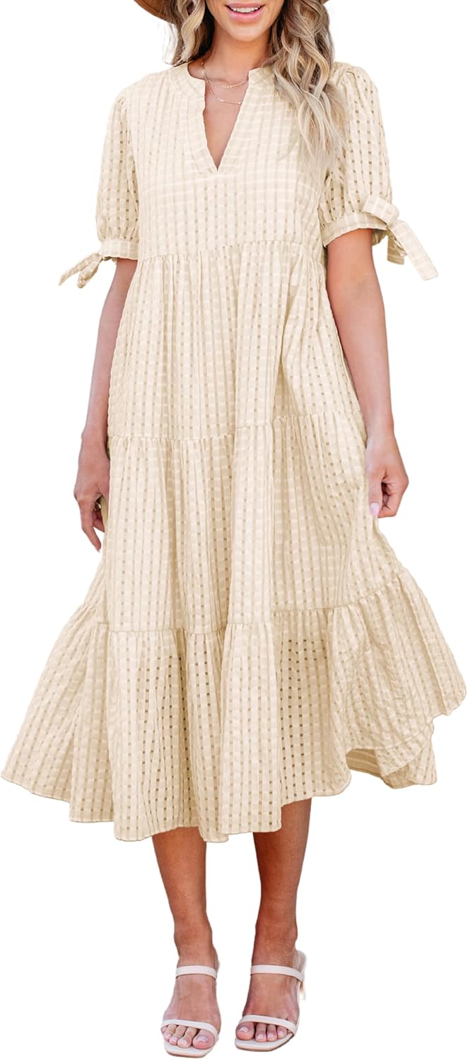 Theenkoln Womens Casual Midi Dress: Trendy Gingham Style
