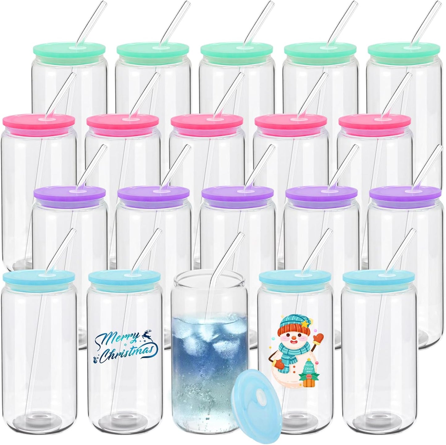 20 Pack Drinking Glass Cups with Lids and Straws for Beverages
