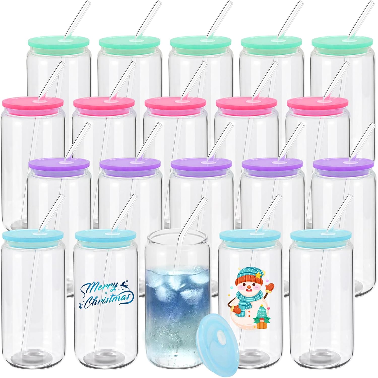 20 Pack Drinking Glass Cups with Lids and Straws for Beverages