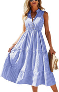 BROVAVE Womens Sleeveless Stripe V Neck Midi Dress - Breathable Summer