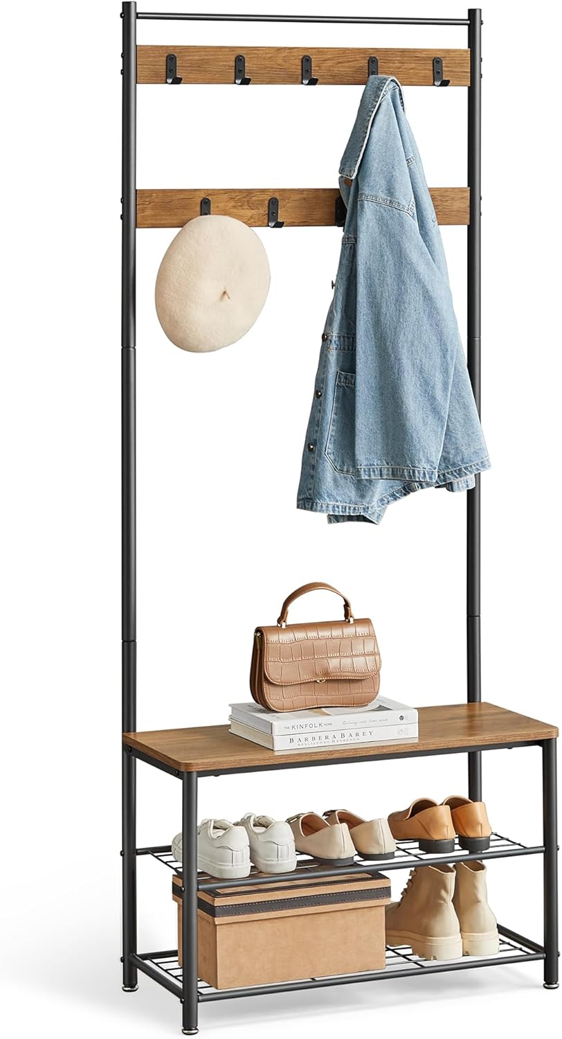 VASAGLE 3-in-1 Coat Rack with Shoe Storage Bench for Entryway