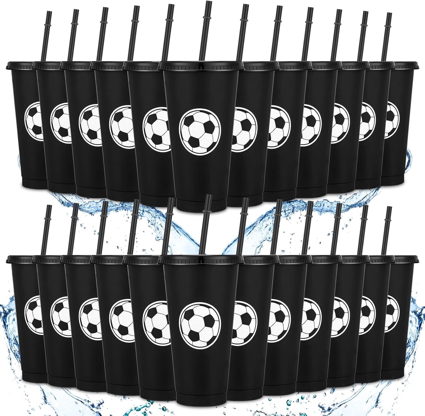 24 Pcs Soccer Plastic Cups with Lid and Straw for Parties