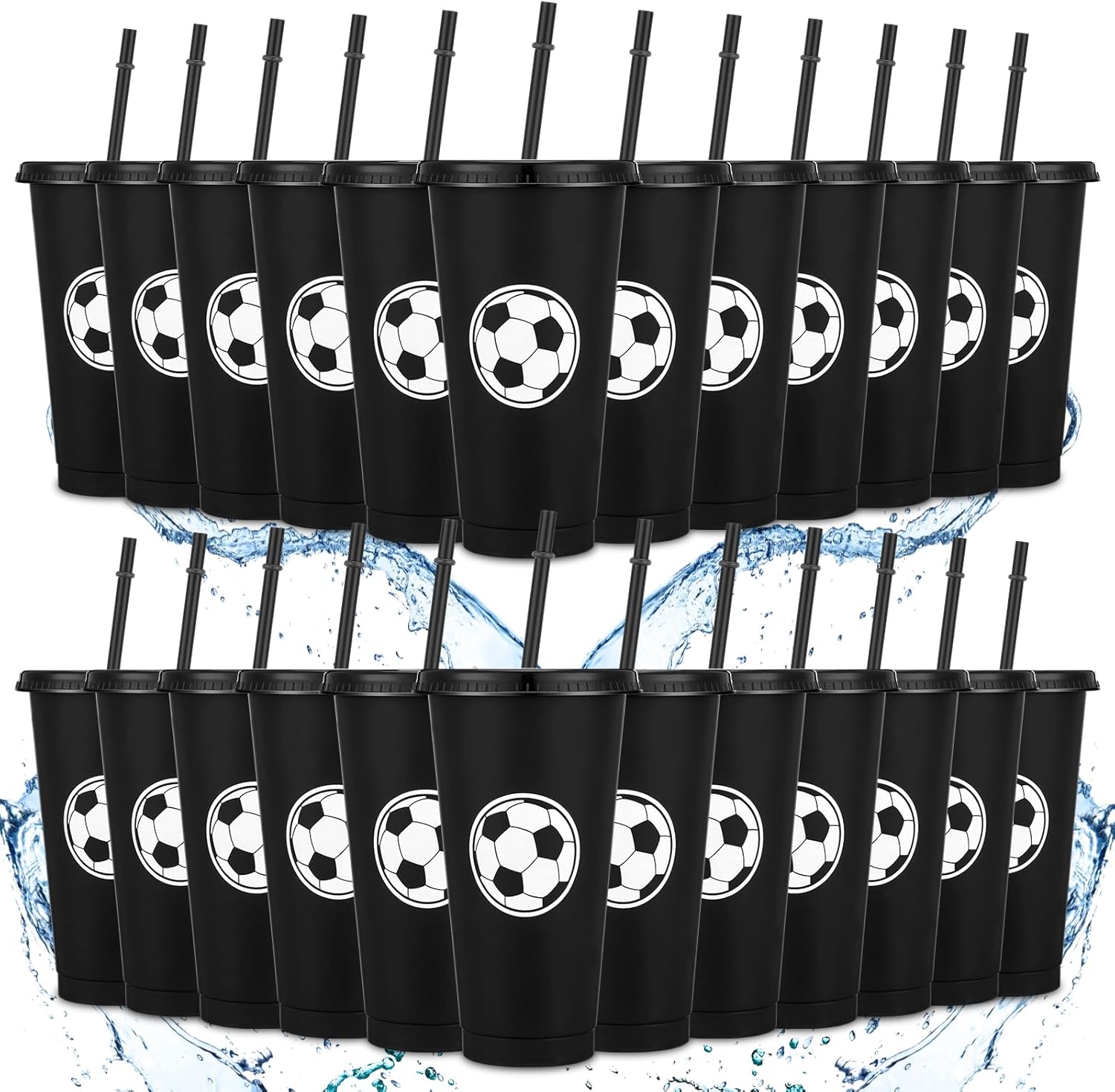 24 Pcs Soccer Plastic Cups with Lid and Straw for Parties