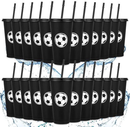 24 Pcs Soccer Plastic Cups with Lid and Straw for Parties