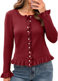 Ruffle Cardigan Sweater Cropped Button Up Crew Neck - Soft Knit