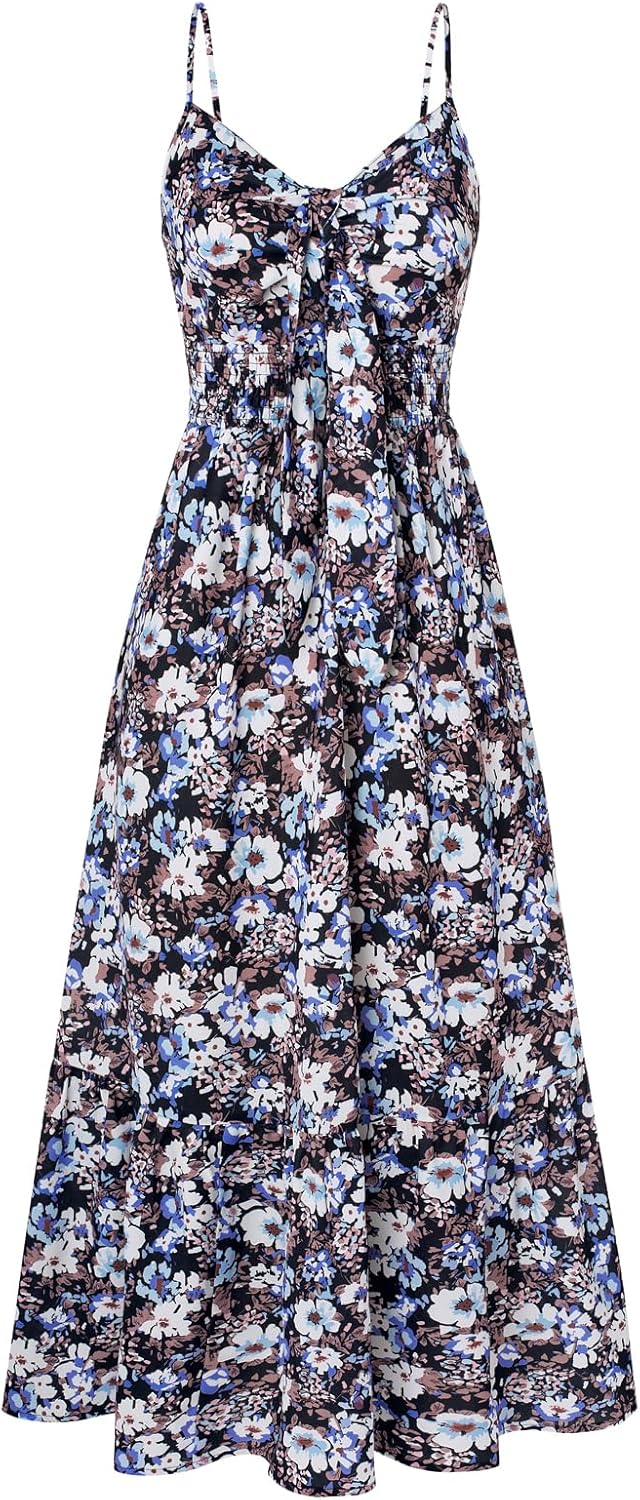 Summer Maxi Dress Floral Tie Front Spaghetti Strap Casual Style