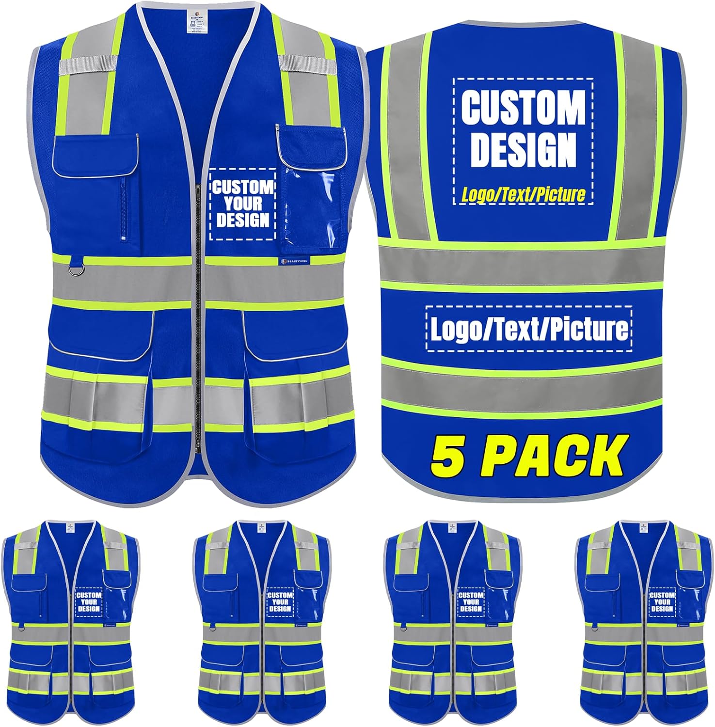 Custom Logo Safety Vest with 8 Pockets for High Visibility Work