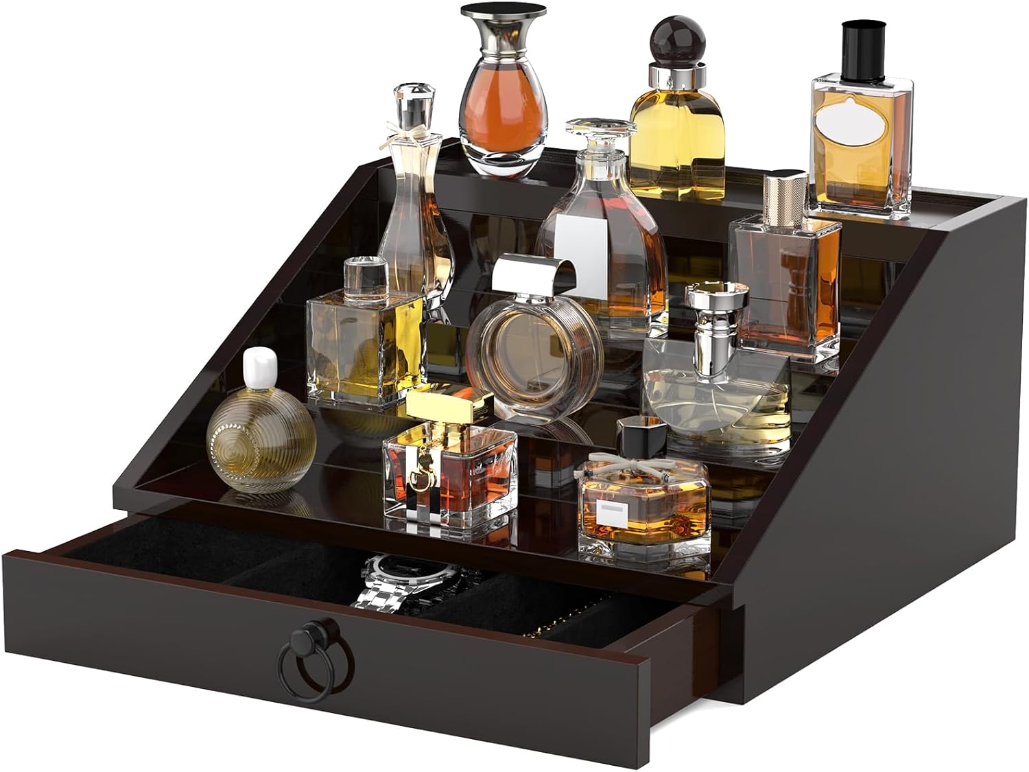 Wooden Cologne Organizer for Men with Velvet Lined Drawer