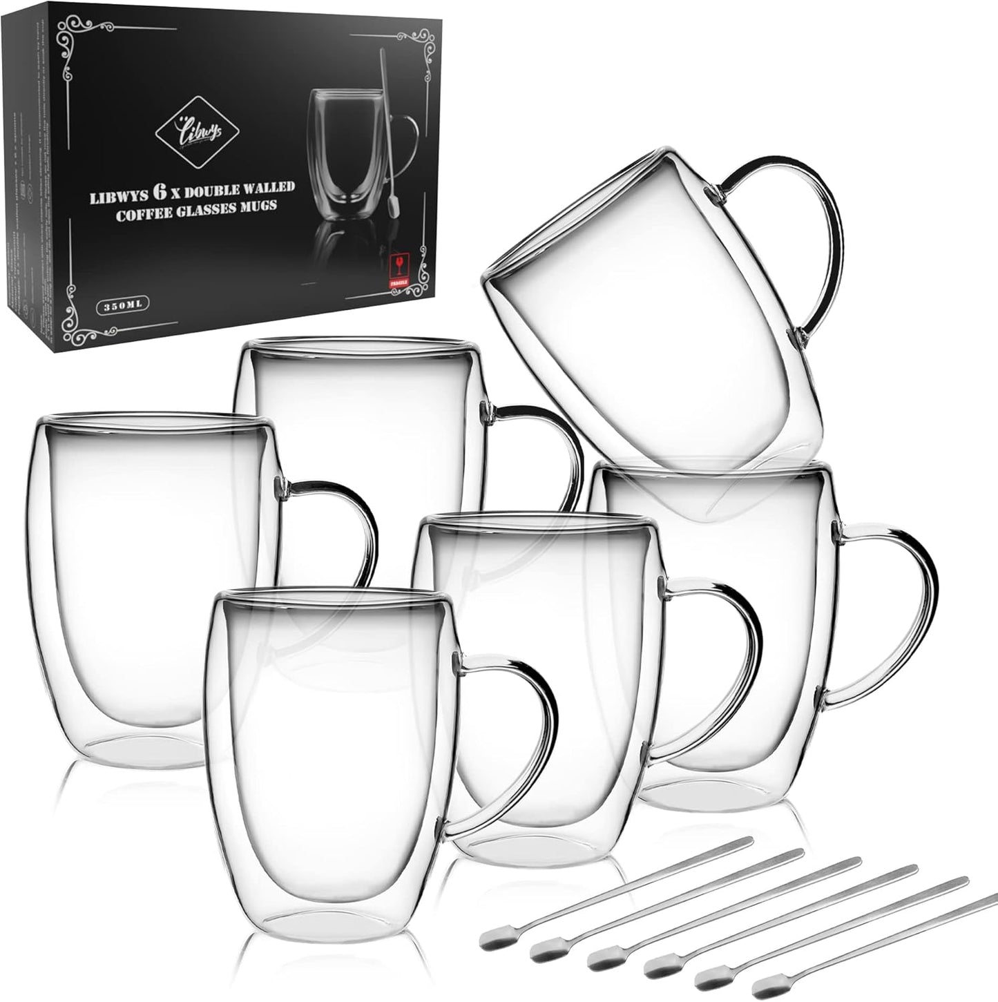 Double Walled Coffee Cups Set of 6 - Heat Resistant Glass Mugs