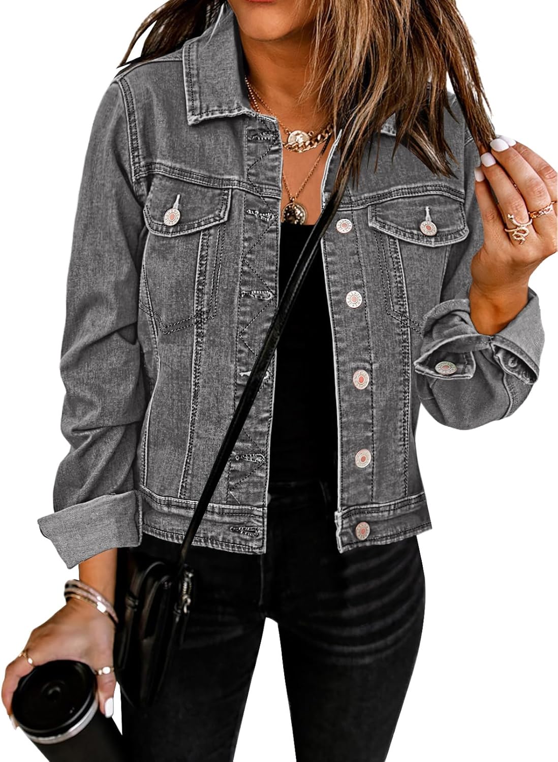 GRAPENT Women's Basic Button Down Long Sleeve Denim Jacket