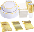 350 Pieces White and Gold Plastic Plates Dinnerware Set - Complete 50